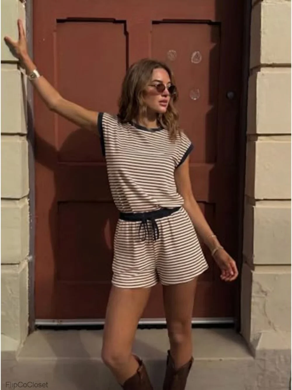 Women's Striped Cotton Romper Sleeveless Jumpsuit with Pockets